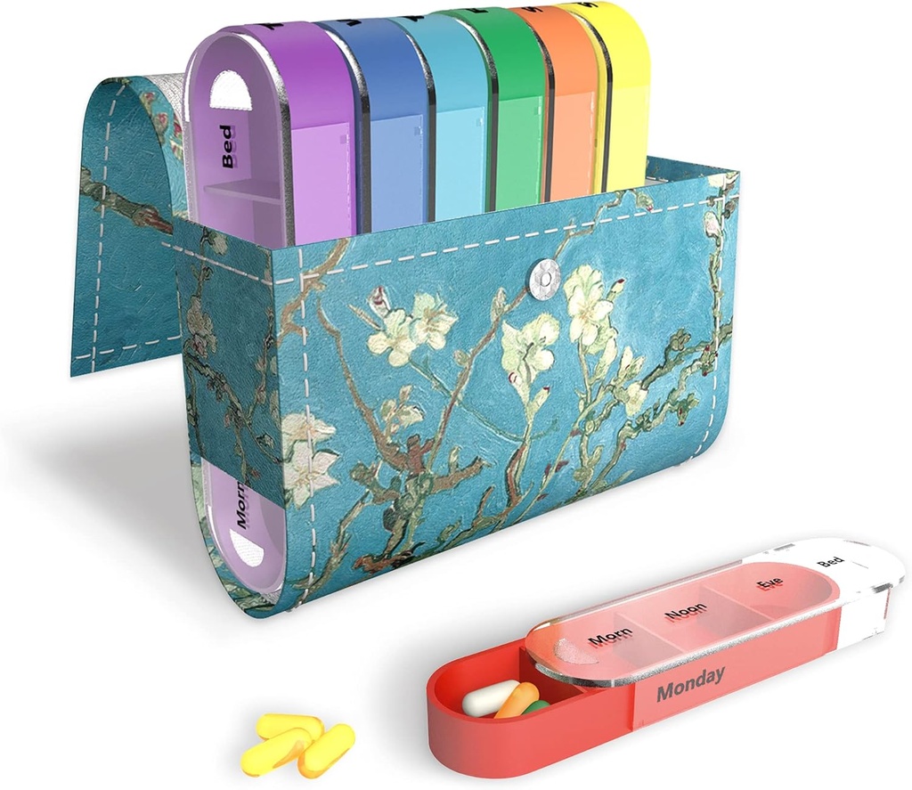 Pilleorganizer, LIZIMANDU Ugentlig rejse Pill Case Box Medication Reminder Daily AM PM, Day Night 7 Kompartmenter, for 4 gange om dagen, 7 dage en Week- Inkluderer læder PU Carriing Case (Peach Blossom)