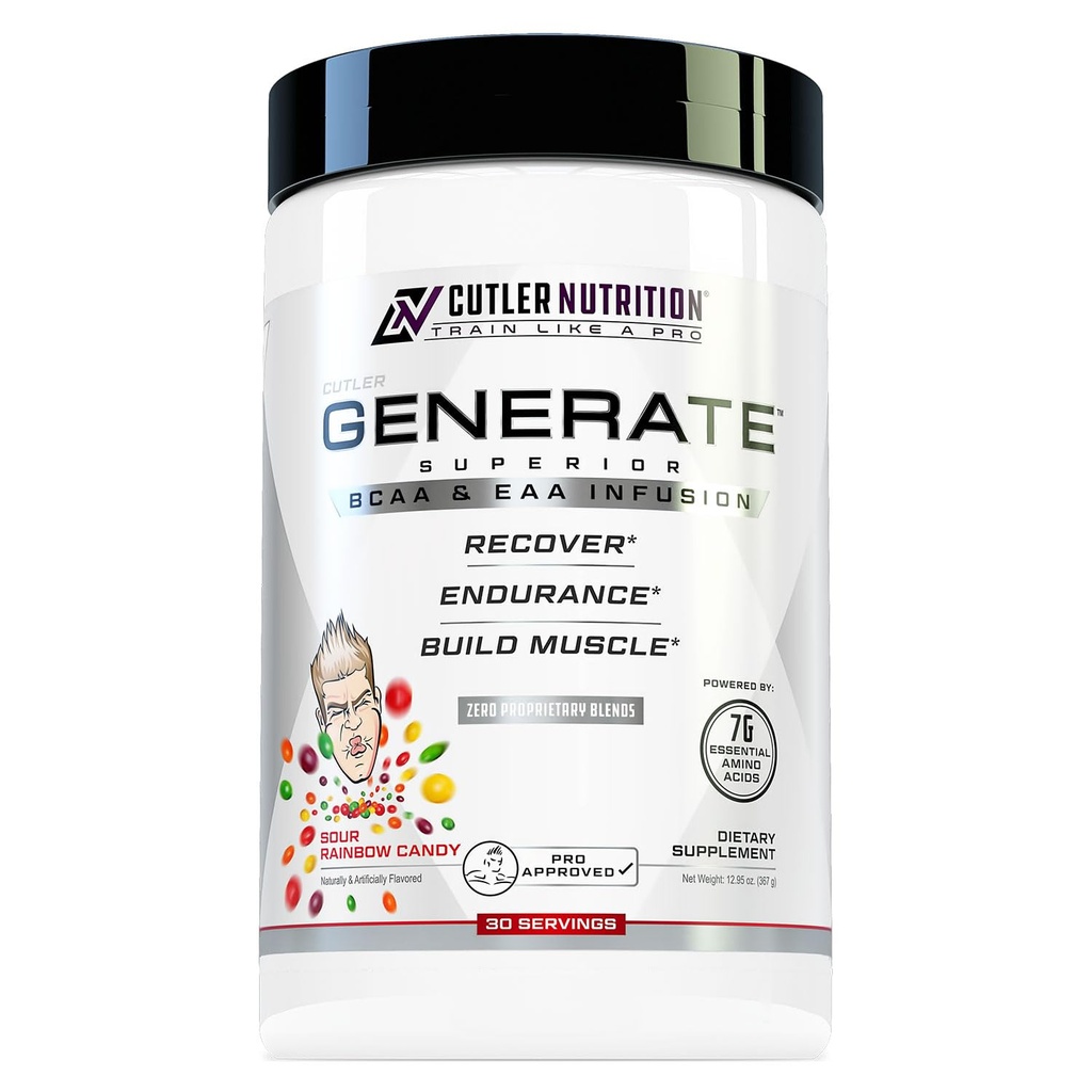 Cutler Nutrition Generate EAA og BCAA pulver: bedste forgrenede kæde Aminosyrer supplement med essentielle Aminosyrer, 5g BCAA, 2g EAA for Lean Muscle Mass Shape 124; Sour Rainbow Candy, 30 Servere