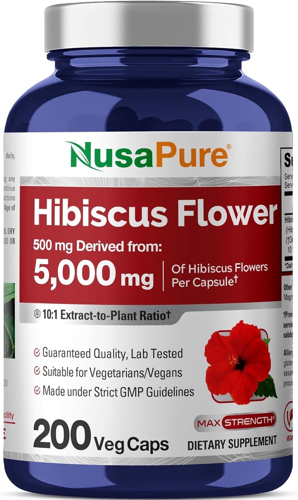 NusaPure Hibiscus Flower 10: 1 Extract, 500 mg Tilsvarende 5000mg 200 Vegetar Caps (non-GMO, Vegan)