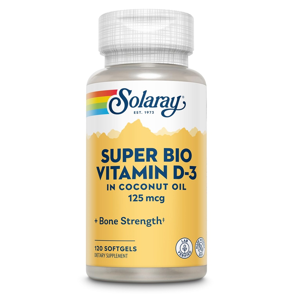 SOLARAY Super Bio D3-vitamin i kokosolie - D3-vitamin 5000 IE - ben sundhed og immunforsvar supplement - Lab Verified, Made Wtihout Soy, 60- dag garanti - 120 Softgels, 120 Servere