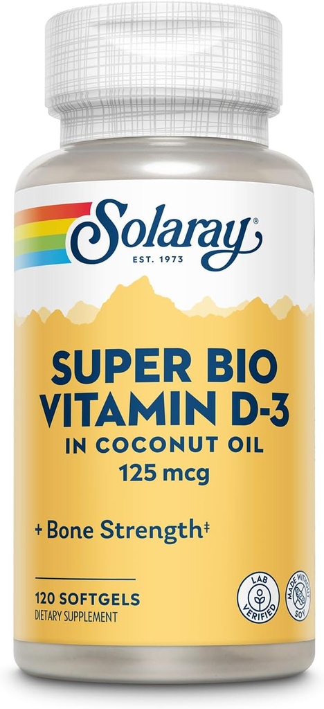 SOLARAY Super Bio D3-vitamin i kokosolie - D3-vitamin 5000 IE - ben sundhed og immunforsvar supplement - Lab Verified, Made Wtihout Soy, 60- dag garanti - 120 Softgels, 120 Servere