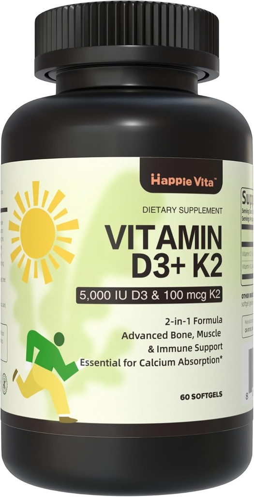 D3- vitamin K2, D3- vitamin 5000 IE (125 mcg) + vitamin K2 100 mcg, 2 i 1 D3- og K2- tilskud til knoglerne, tænder, muskel- og immunforsvar, 60 Softgels