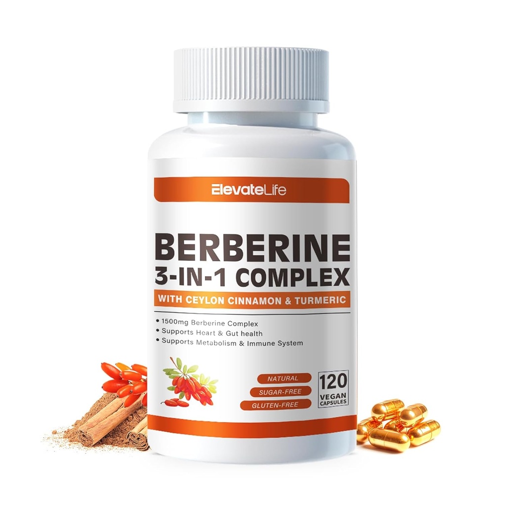 ElevateLife Berberine Supplement - Berberine 1500mg Per Serving, 120 Kapsler - Berberine HCI - Berberine Plus - Plus Pure True Ceylon Kanel, Berberine HCI Root Supplements Pills