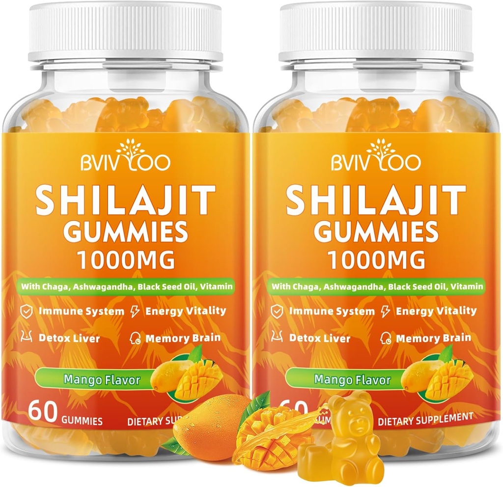 2 Pakker Shilajit Gummies 1000mg Sugar Free - Shilajit Supplement for mænd og kvinder - Høj i 85 + Trace Minerals & Fulvic Acid - Energi, hjerne, immunitet - 120 Gummies