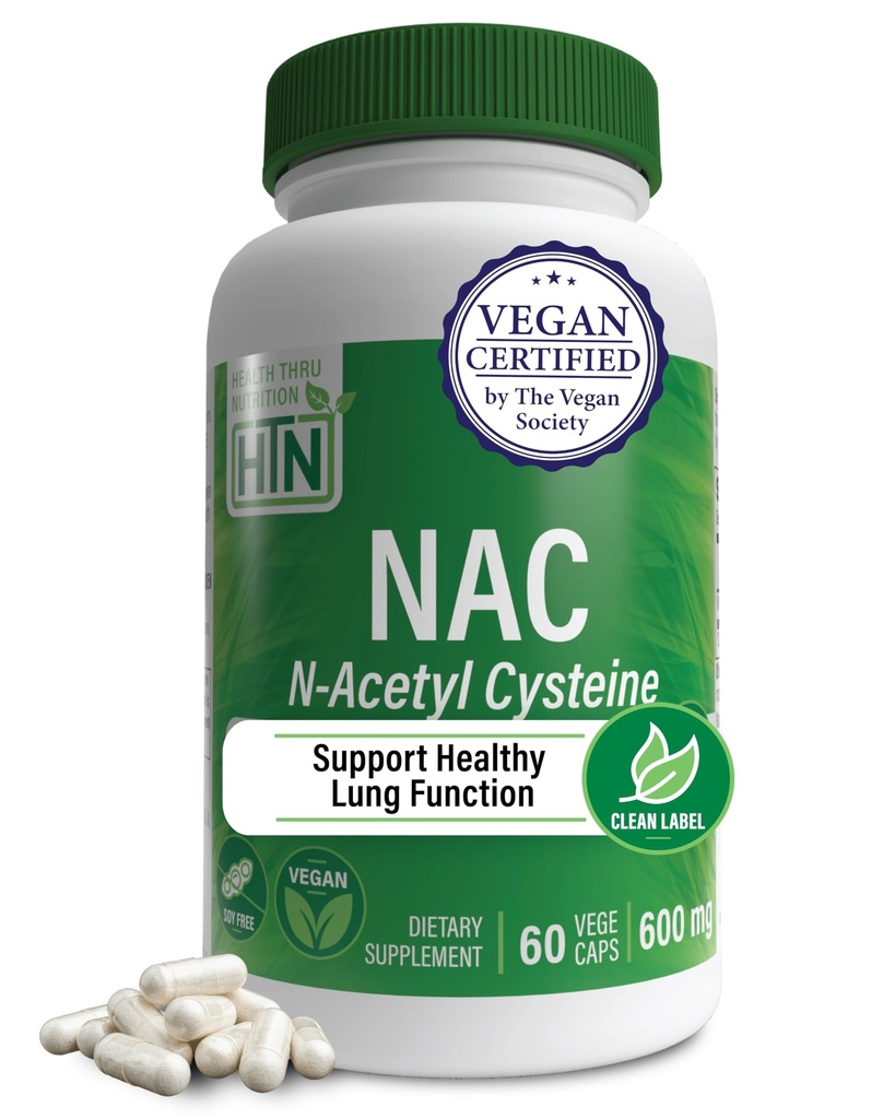 Health Thru Nutrition NAC N- Acetyl- Cysteine 600mg 60 Kapsler er 124; Vegan Certified Measures 124; Den Pure NAC Supplement 124; Understøtter sund Lung, Lever funktioner & Cellular Health Measures 124; Non- GMO soy & Gluten Free