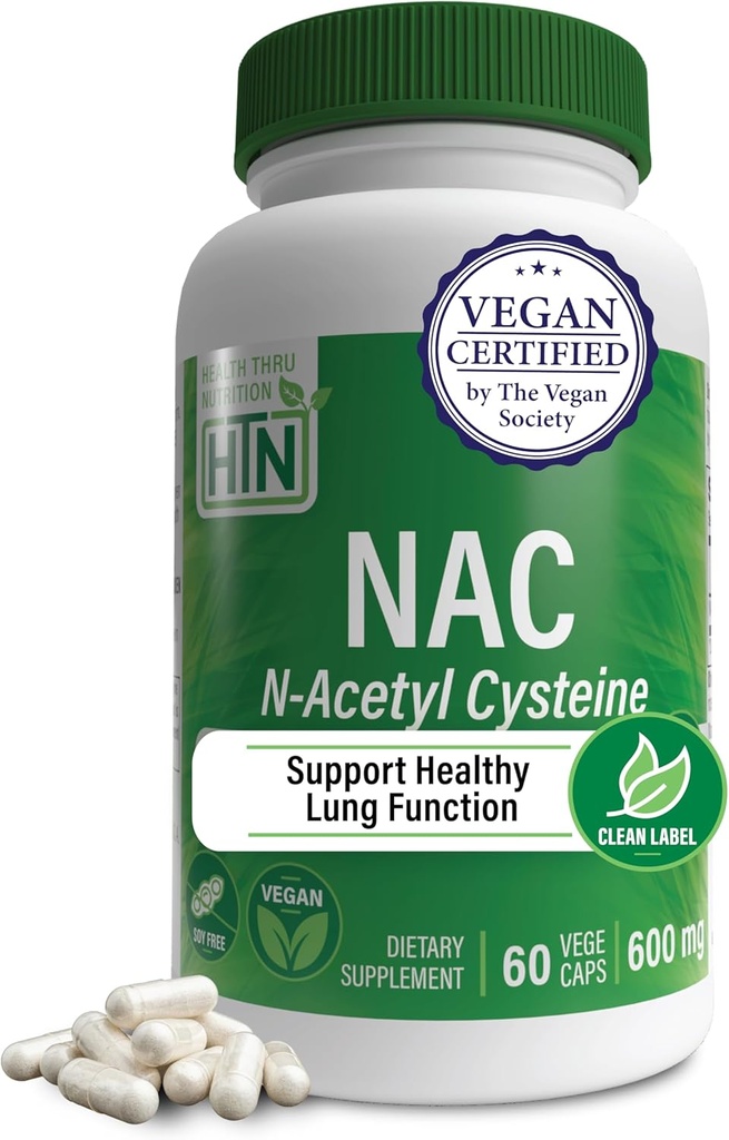 Health Thru Nutrition NAC N- Acetyl- Cysteine 600mg 60 Kapsler er 124; Vegan Certified Measures 124; Den Pure NAC Supplement 124; Understøtter sund Lung, Lever funktioner & Cellular Health Measures 124; Non- GMO soy & Gluten Free
