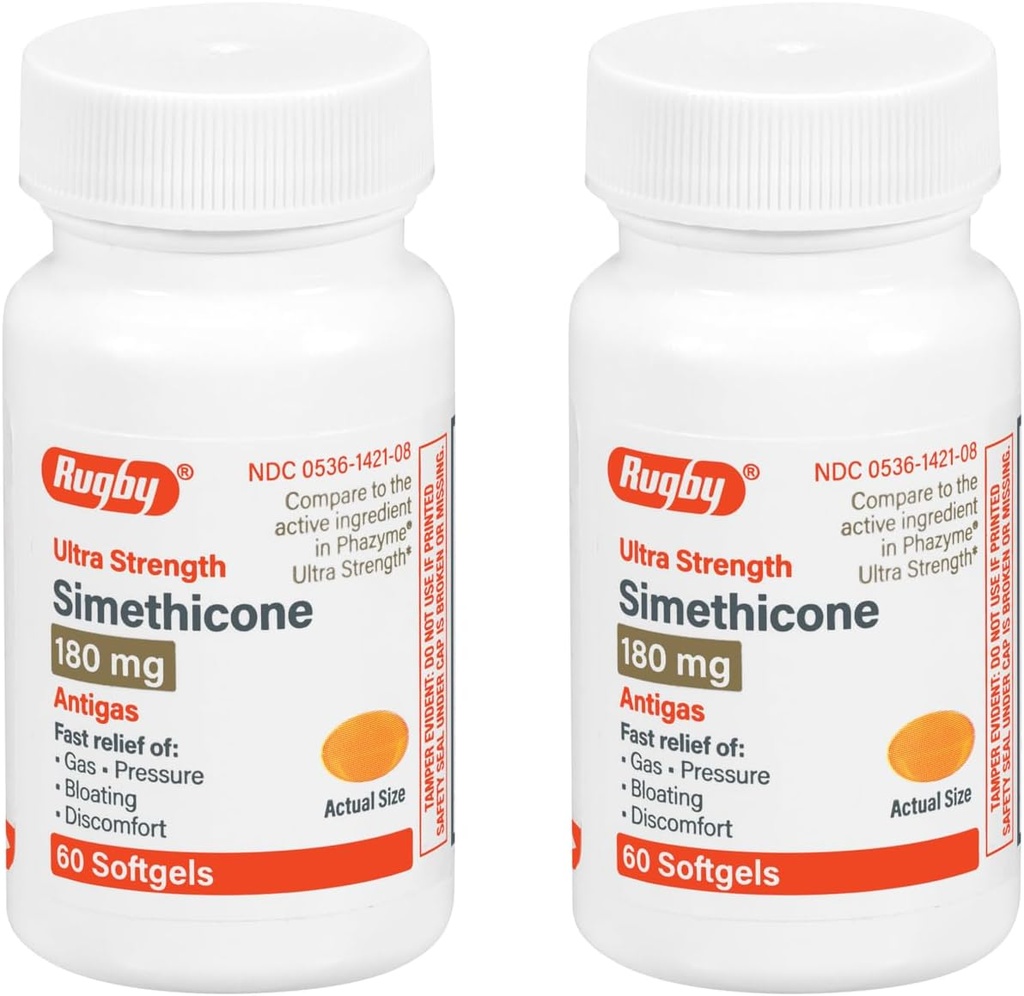 Rugby Ultra Strength Simeticone Gas Relief 180 mg - Maksimal Gas Relief for voksne - Kan hjælpe med symptomer på flatulens, Bloating, Gas Fullness - 60 Softgels (2 Pack)