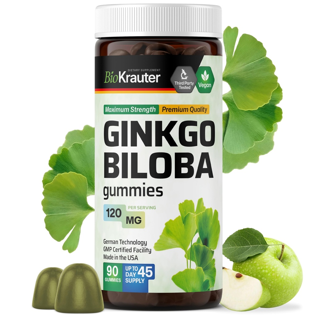 BIO KRAUTER Ginkgo Biloba Gummies - 90 Veganske tykkere - Ginkgo Biloba Kosttilskud til brain Support - 120 mg Standardized Extract - Pectin- baseret formel