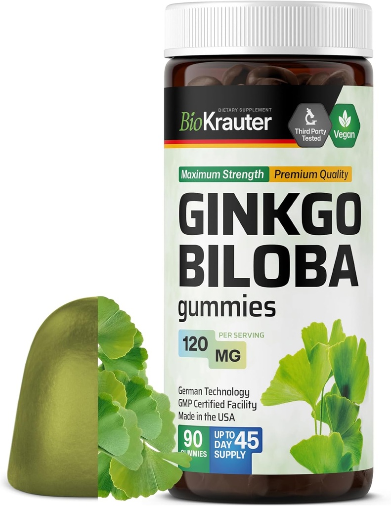 BIO KRAUTER Ginkgo Biloba Gummies - 90 Veganske tykkere - Ginkgo Biloba Kosttilskud til brain Support - 120 mg Standardized Extract - Pectin- baseret formel