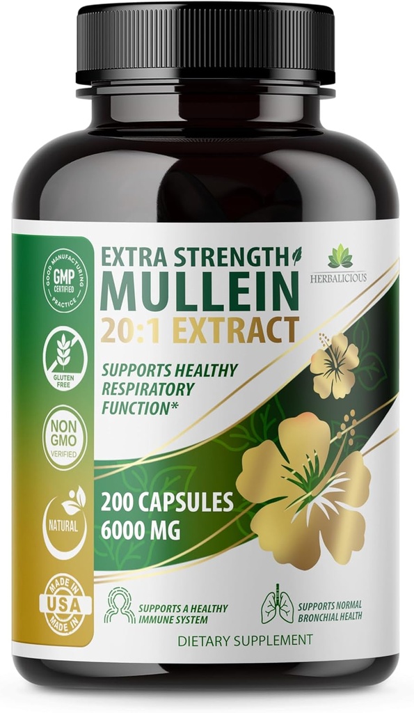 HERBALICIOUS Mullein Leaf Extract Verbascum Thapsus 20: 1-200 Kapsler - Natural Lung Detox Herbal Supplement - Understøtter Luftveje og immunforsvar sundhed, Lung Cleanse