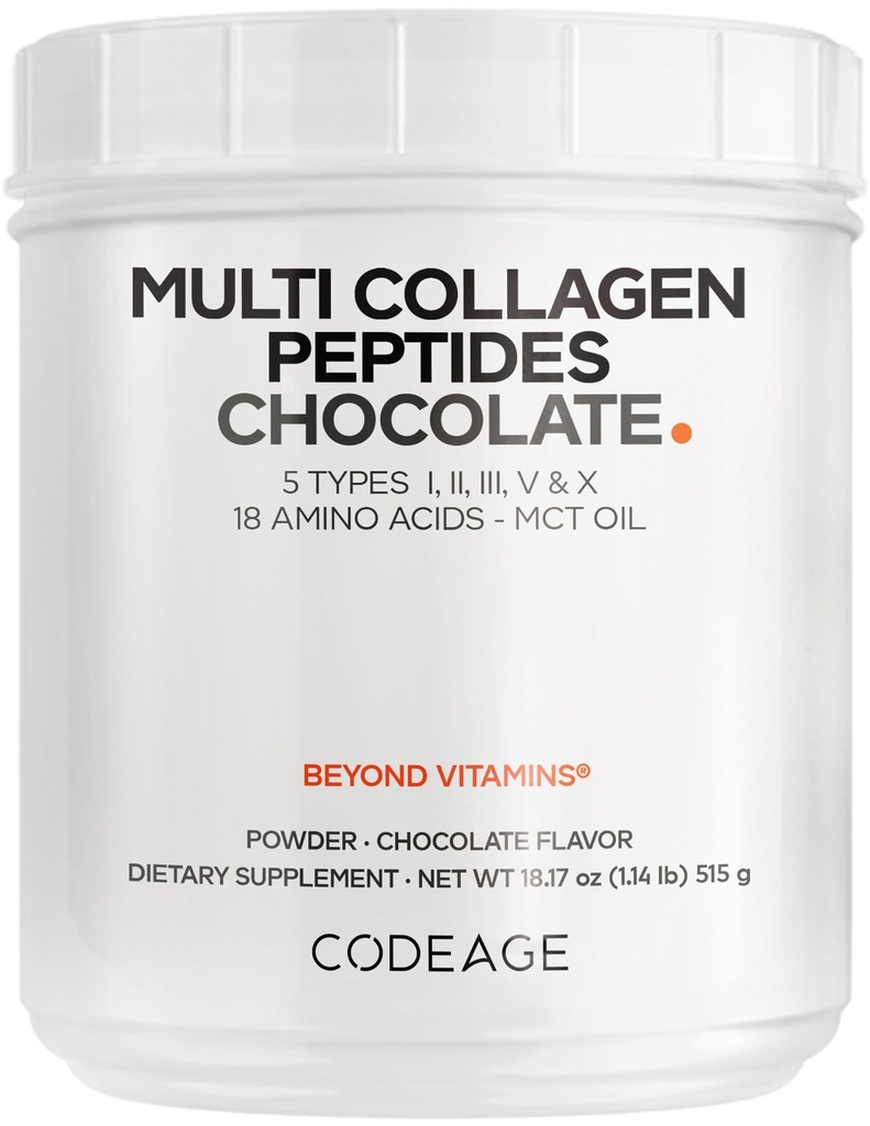 Codeage Multi Collagen Chocolate Protein Powder - Hydrolyzed Bovin Collagen Peptider, 5 Collagen Typer & MCT Olie - Collagen Creamer, Chokolade Collagen Peptider - Protein Shakes - Ikke-GMO - 18.17 oz