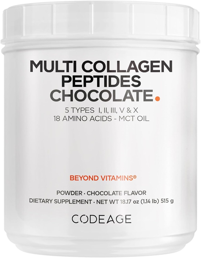 Codeage Multi Collagen Chocolate Protein Powder - Hydrolyzed Bovin Collagen Peptider, 5 Collagen Typer & MCT Olie - Collagen Creamer, Chokolade Collagen Peptider - Protein Shakes - Ikke-GMO - 18.17 oz