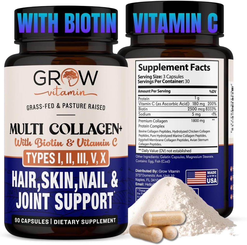 vokser vitamin Multi Collagen kapsler - type I, II, III, V & X; Hydrolyzed Blend med Biotin & C-vitamin til hår, hud, negle 90 Kapsler
