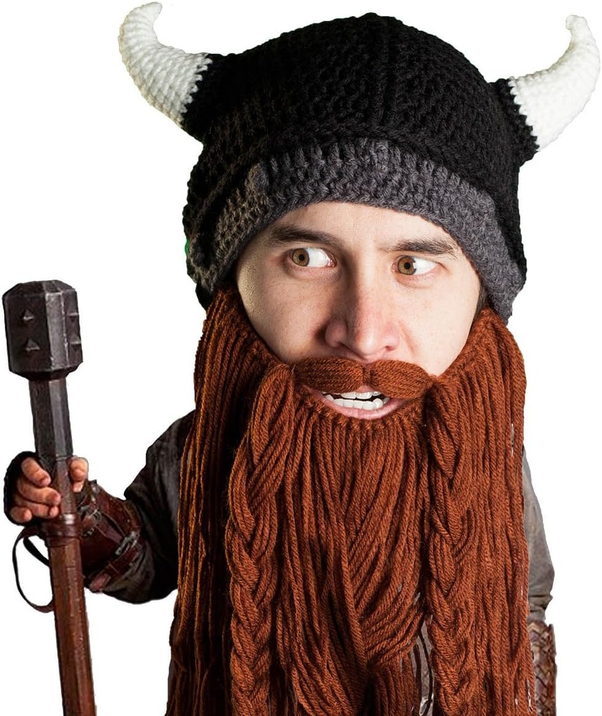 Beard Head Viking Pillager - Original håndlavet Knit Viking Horn Hjelm og flytbar flettet Brown / Black Beard