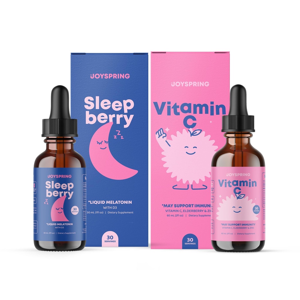 JoySpring C-vitamin dråber til børn - immunstøtte med zink og hyldebær & SleepBerry Melatonin til børn med hyldebær
