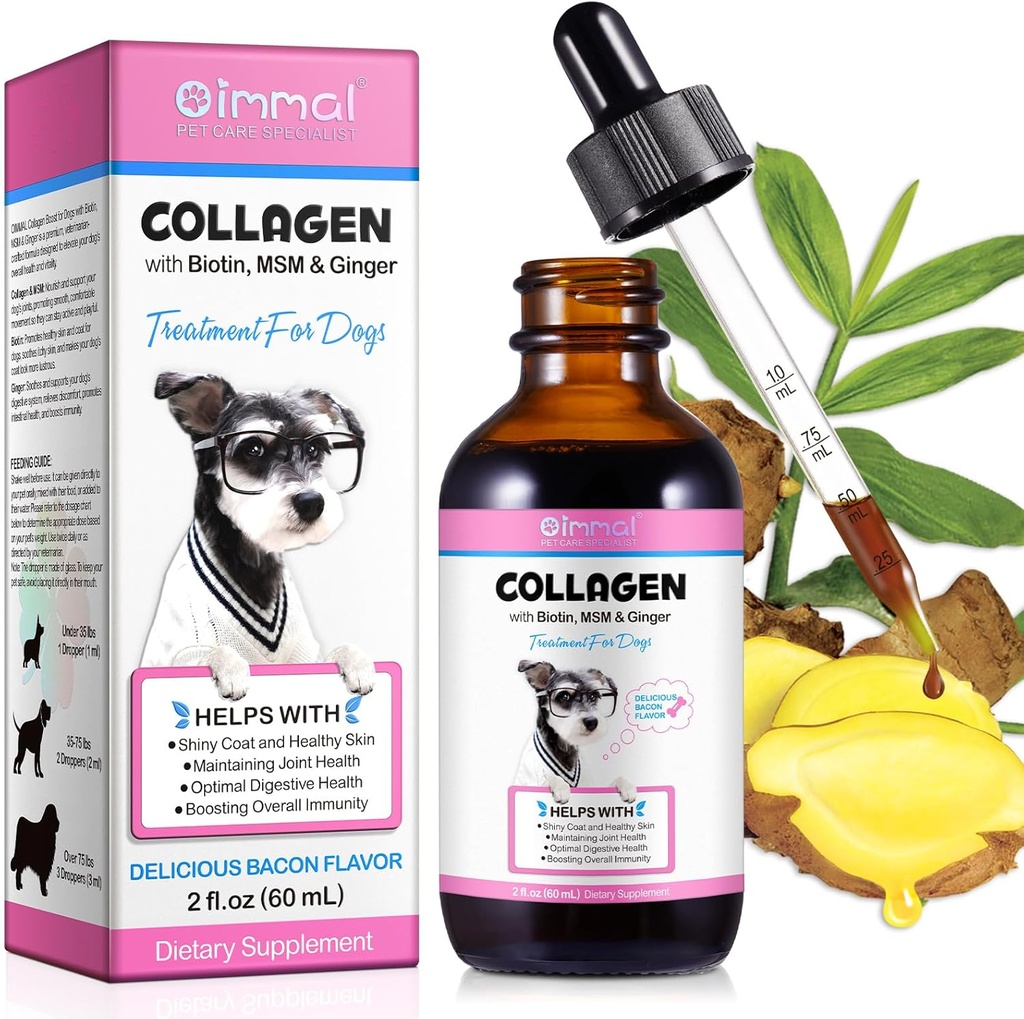 Kollagen til hunde, Hund Collagen flydende dråber med biotin, MSM & Ginger fordøjelse & immunitet støtte, Itch Relief, Hud & Coat og fælles sundhed, hund supplement 60ml