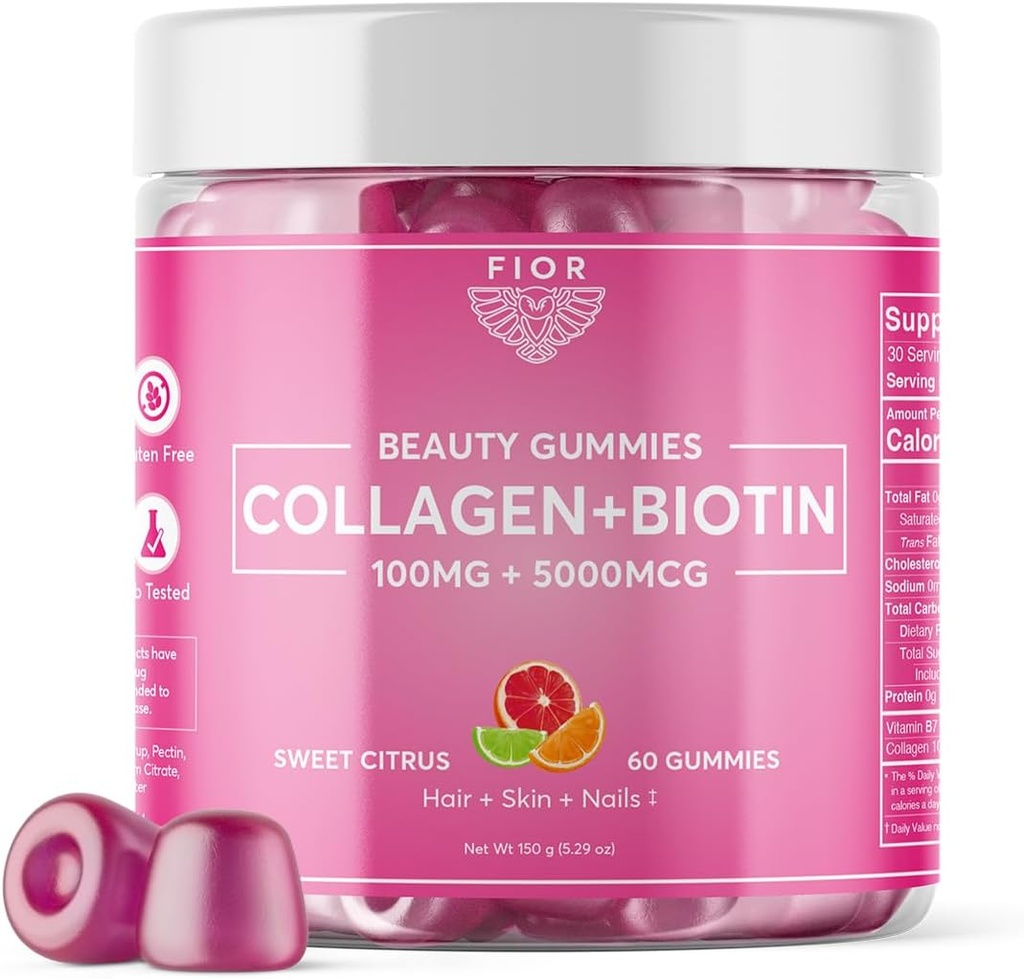 FIOR 60 t Kosttilskud til biotin og collagen. Bedste Collagen & Biotin vitaminer til hår hud og negle. Collagen Gummies & Biotin Gummies er hår hud og negle Vitaminer Skønhed Gummies.