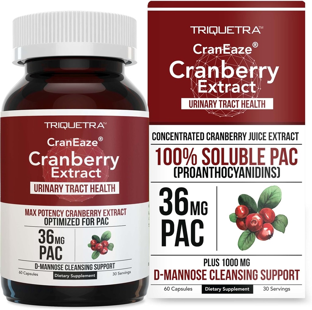CranEaze ®: Cranberry Juice Extract Plus D- Mannose - 36 mg PAC, 100% Opløselig PAC - Understøtter urinvejssundhed - mest effektive Cranberry piller til kvinder, UTI Cranberry supplement - 60 kapsler