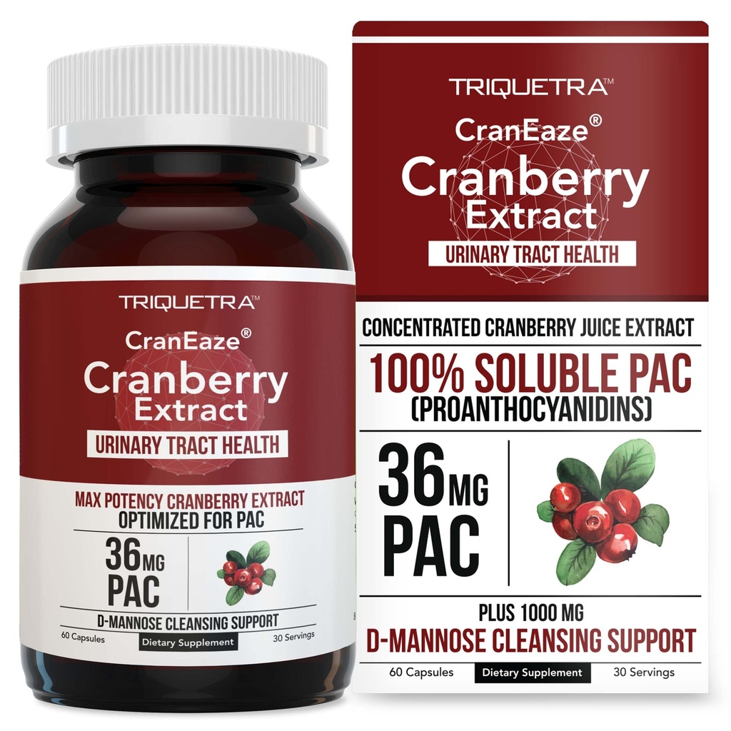 CranEaze ®: Cranberry Juice Extract Plus D- Mannose - 36 mg PAC, 100% Opløselig PAC - Understøtter urinvejssundhed - mest effektive Cranberry piller til kvinder, UTI Cranberry supplement - 60 kapsler