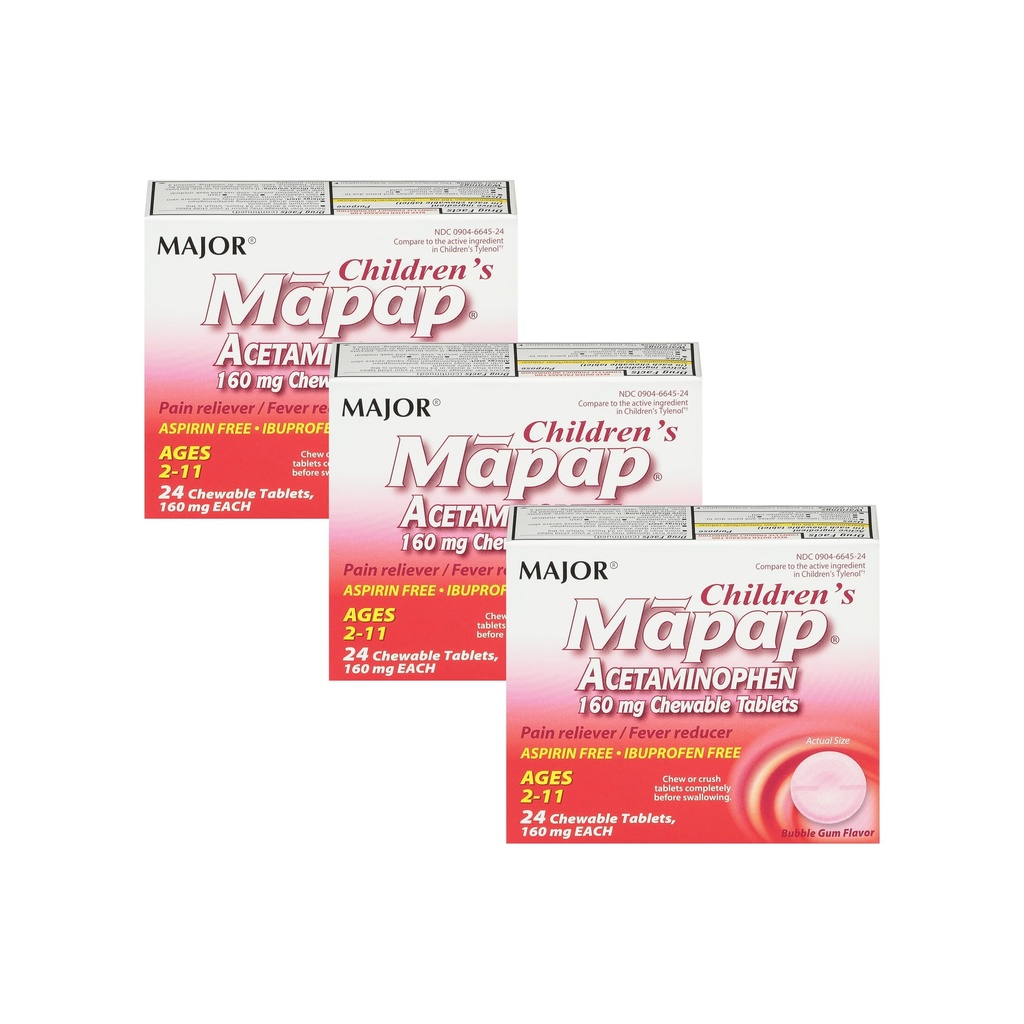 MAPAP Acetaminophen 160 mg Chewable Tablets - Pain Reliever / Fever Reducer - Aspirin Free - Ibuprofen Free - for alderen 2 til 11 - 24 Greve (3 Pack)