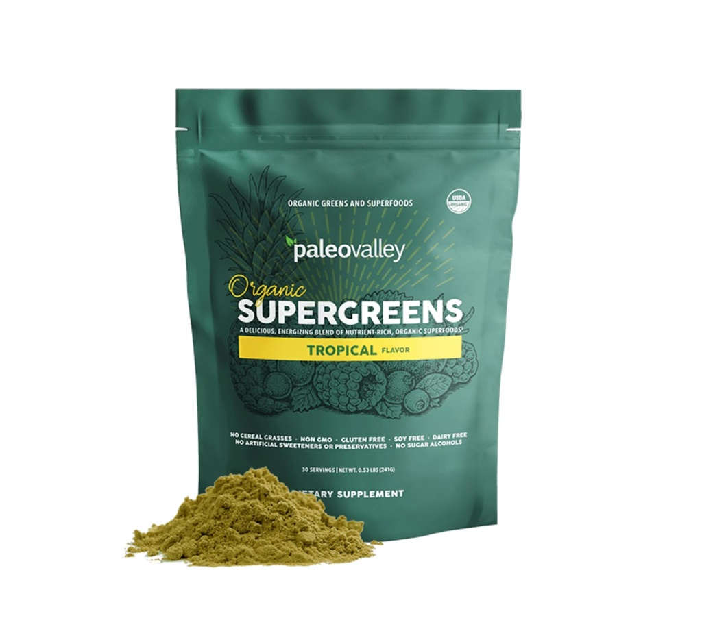 Paleodal Organic Supergreens Powder - 23 Superfood med Prebiotic Fiber for Energy og Immunity Support - Ingen korn græs for maksimal absorption - Tropisk, 28 Servere