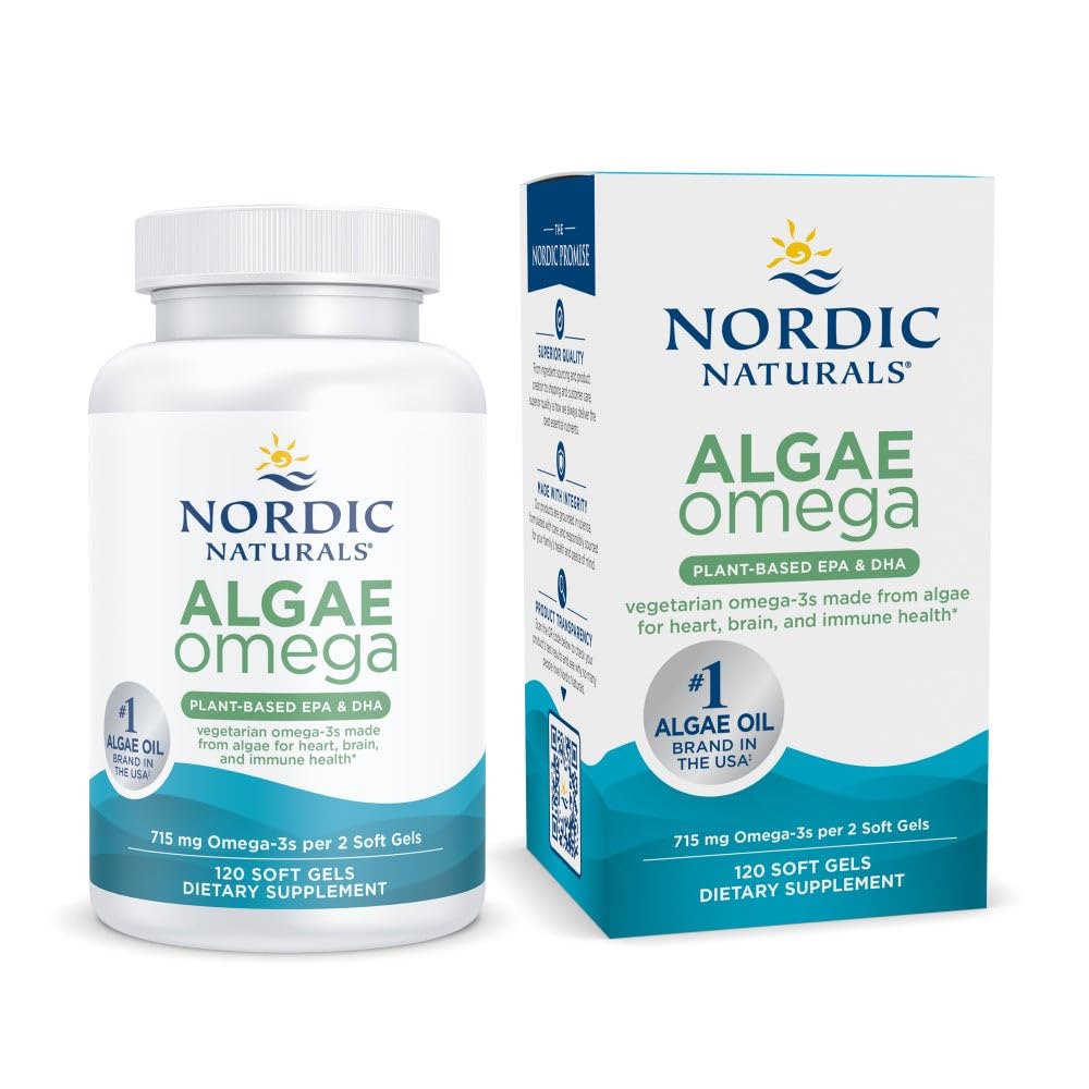 Nordic Naturals Algaes Omega - 120 Soft Gels - 715 mg Omega-3 - Certificeret Vegan Algae Oil - Plantbaseret EPA & DHA - Heart, Eye, Immunum & Brain Health - Non- GMO - 60 Serveringer