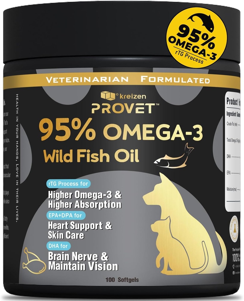 95% Omega 3 Fish Oil for Dogs & Cats, Vet- Formuleret med RTG Forarbejdet Salmon Oil, Maksimum EPA & DHA, Understøtter hjerte, hud, Coat, Fælles Heart & immunforsvar, 100 Soft Gels