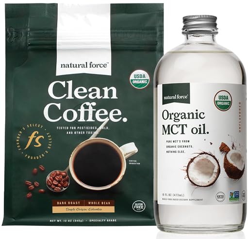 Natural Force Organic Dark Roast Clean Coffee + Organic MCT Oil Bundle - 100% Pure Coconut MCTs & Mold & Mycotoksin Free Coffee - Non- GMO, Keto, Paleo, og Vegan - 12 Oz og 16 Oz