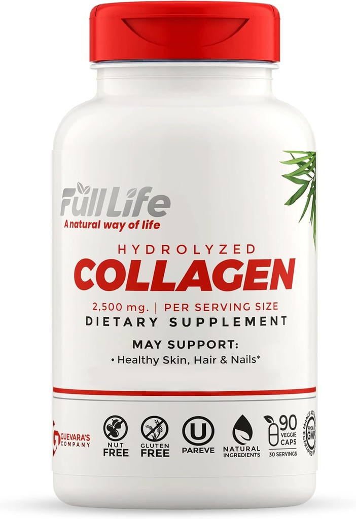 Full Life Hydrolyzed Collagen kosttilskud - Bovin Collagen piller til kvinder og mænd - Kosher Collagen kapsler, Gluten- Free - 90 Veggie kapsler 2.500 mg