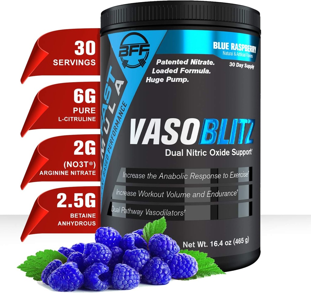 VASOBLITZ Award Winning Dual Nitric Oxide Pre Workout med NO3T Arginin Nitrate, L-Citrullin, Betain Andile, Calcium Lactat, Koffein fri for muskuløs udholdenhed (30 Servering) (Blå Hindbær)