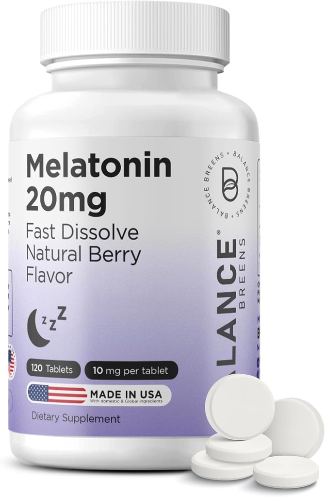 Balancebreens Melatonin 20mg hurtigt opløses tabletter - høj potens, hurtigt fungerende, Natural Sleep Support - Søvnstøtte til voksne - non-groggy, drug- fri formel - 120 sovepiller