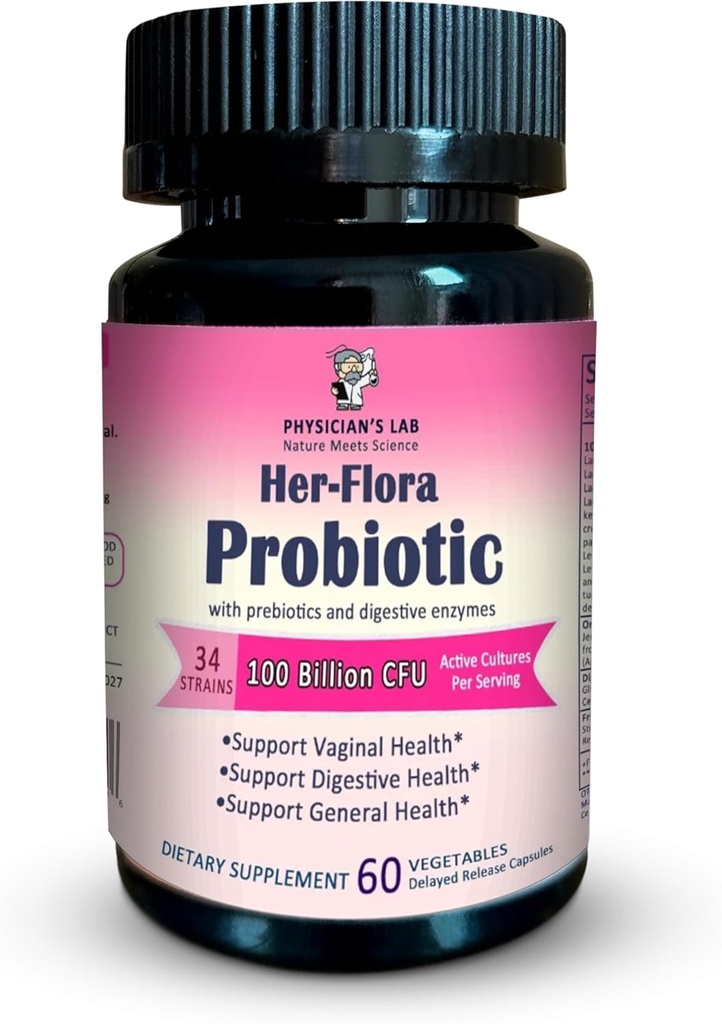 Lægens Lab Her- Flora Women 's Probiotic 100 Millioner CFU per kapsel, Non- GMO, 34 Strops, med Prebiotics & fordøjelsesenzymer, Gut & Vaginal Health, H.Pylori Support, 60 Veg Caps, 2-Måneders Tilgang!