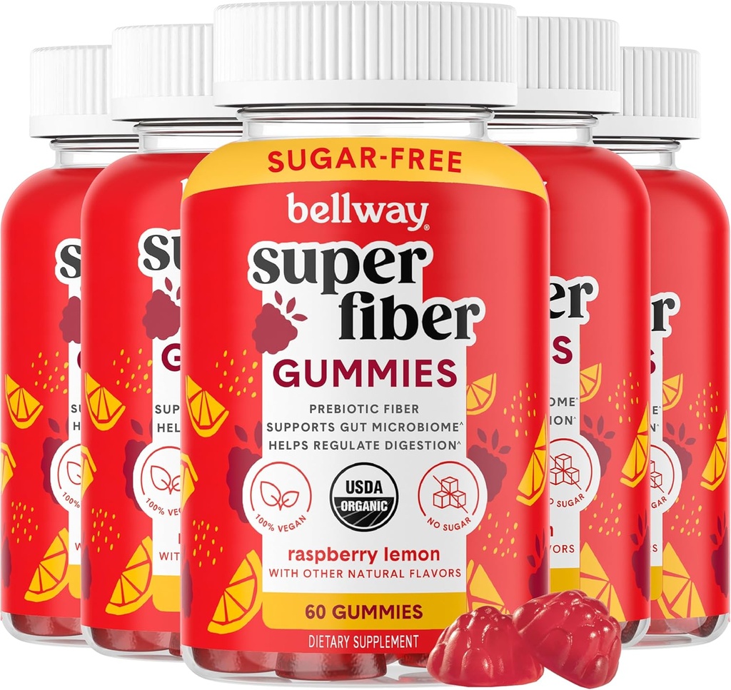 Bellway Super Fiber Gummies for voksne (5 Pack) - Sugar Free Organic Fiber Supplement Gummies med 4 g fibre per servering - Prebiotic Chicory Root Fiber for Gut Health, Raspberry Lemon, 300 Greve