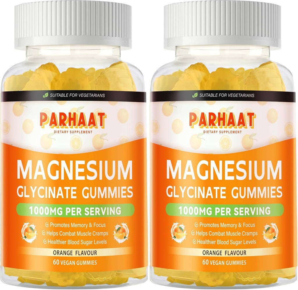 Magnesium Glycinat Gummies 1000mg - Sugar Free Magnesium Kalium Supplement med D-vitamin, B6, CoQ10 for Calm Mood & Sleep Support - 120 Orange Gummies 2 Pac