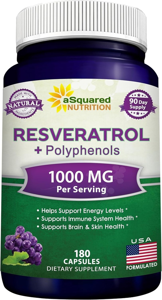 aSquared Nutrition Natural Resveratrol med Red Wine Extract - 180 Kapsler - Trans Resveratrol Antioxidant Supplement piller til Pure Heart Health - Ekstra styrke Trans- Resveratrol