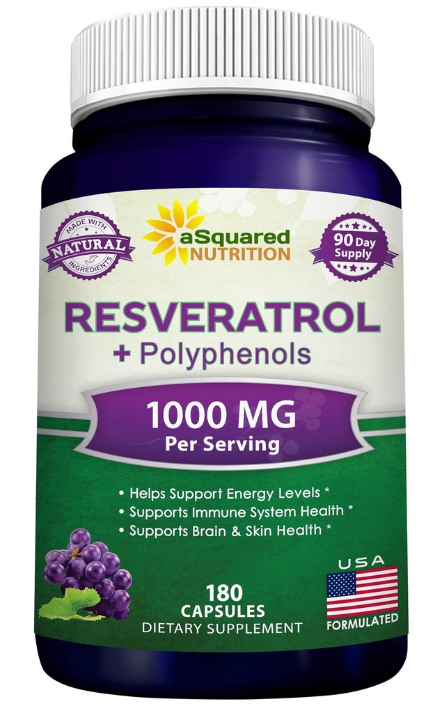 aSquared Nutrition Natural Resveratrol med Red Wine Extract - 180 Kapsler - Trans Resveratrol Antioxidant Supplement piller til Pure Heart Health - Ekstra styrke Trans- Resveratrol