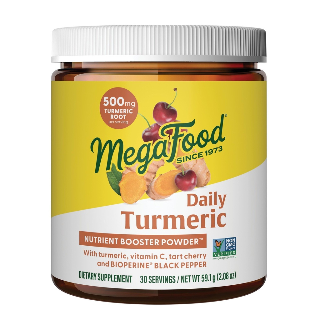 MegaFood Daglig gurkemeje Booster pulver - gurkemeje supplement -med sort peber ekstrakt, Tart Cherry & C-vitamin - Vegan - Made without 9 Food Allergens - 2.08 Oz (30 Servere)