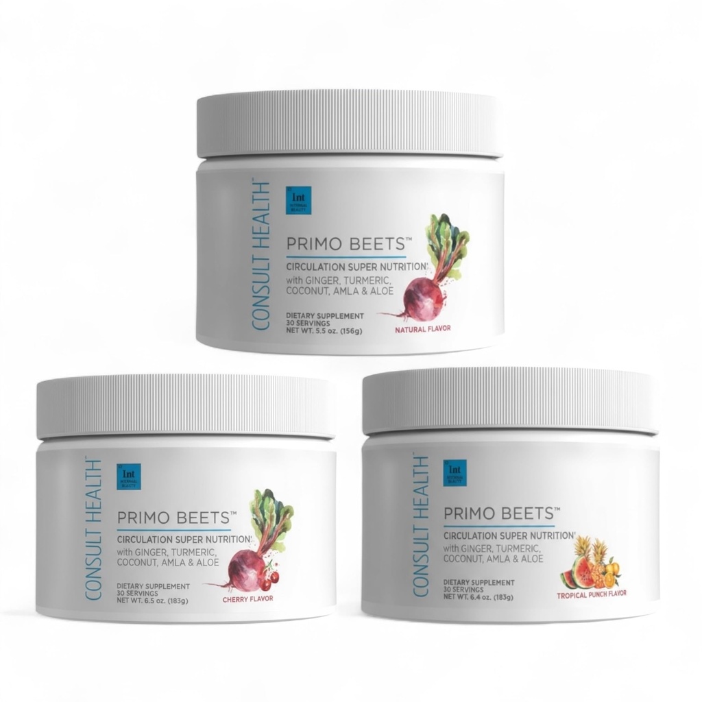 Consult Health Primo Beets Beet Root Powder Drink Mix med nitrater, Daily Circulation Support med ingefær og gurkemeje, 3 Pack Flavors, Cherry, Blåbær og Strawberry Lemonade 6,5 oz hver