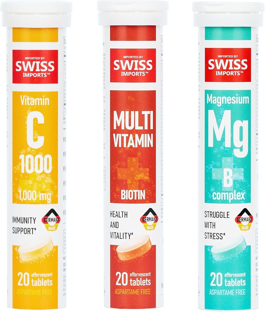 Effervescent Variety Pack med vitamin C 1000mg, Magnesium + B Complex, Multivitamin + Biotin, 6- Pack, 120 tabletter