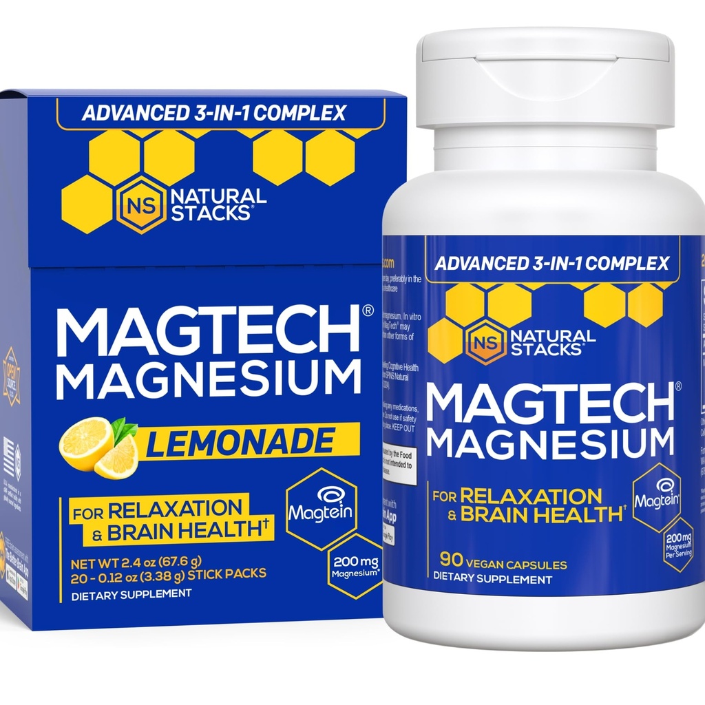 NATURLIGE STAKKER Magtech Magnesiumkapsler + Magtech Drink Mix Bundle - understøtter afslapning og hjernesundhed * - 50 Total Servering