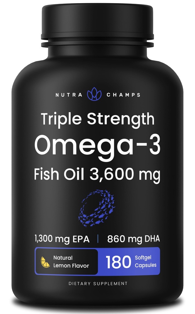 Triple Strength Omega 3 Fish Oil 3600 mg ttesmå 124; EPA & DHA ttesmå 124; 180 Softgels ttesmå 124; Burpless Fish Oil Supplement, Wild Caught; 124; Over 2100mg Omega-3 Fedtsyrer Kosttilskud 124; Natural Lemon Flavor Omegas 3 Pills