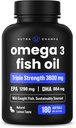 Triple Strength Omega 3 Fish Oil 3600 mg ttesmå 124; EPA & DHA ttesmå 124; 180 Softgels ttesmå 124; Burpless Fish Oil Supplement, Wild Caught; 124; Over 2100mg Omega-3 Fedtsyrer Kosttilskud 124; Natural Lemon Flavor Omegas 3 Pills