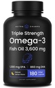 Triple Strength Omega 3 Fish Oil 3600 mg ttesmå 124; EPA & DHA ttesmå 124; 180 Softgels ttesmå 124; Burpless Fish Oil Supplement, Wild Caught; 124; Over 2100mg Omega-3 Fedtsyrer Kosttilskud 124; Natural Lemon Flavor Omegas 3 Pills