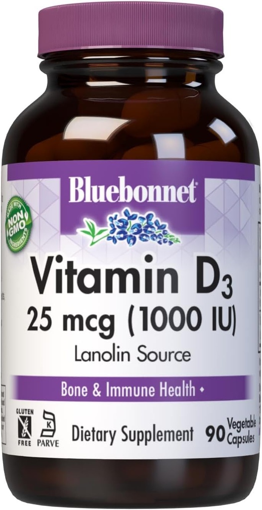 BlueBonnet Nutrition Vitamin D3 1000 IE, Støtte i muskel - og skeletvækst, Cholecalciferol fra Lanolin, Non GMO, Gluten Free, Soy Free, Milk Free, Kosher, 90 Vegetabilsk Capsule, White