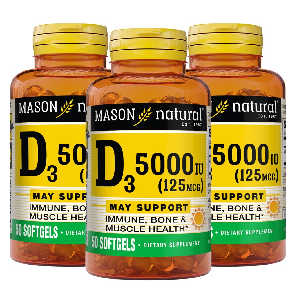 MASON NATURAL Vitamin D3 125 mcg (5000 IE) - Understøtter samlet sundhed, Styrker knogler og muskler, fra Fish Lever Oil, 50 Softgels (pakke med 3)