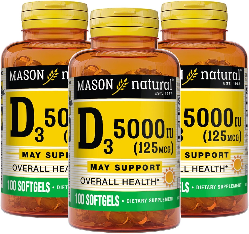 MASON NATURAL Vitamin D3 125 mcg (5000 IE) - Understøtter samlet sundhed, Styrker knogler og muskler, fra Fish Lever Oil, 50 Softgels (pakke med 3)