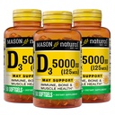 MASON NATURAL Vitamin D3 125 mcg (5000 IE) - Understøtter samlet sundhed, Styrker knogler og muskler, fra Fish Lever Oil, 50 Softgels (pakke med 3)