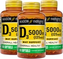 MASON NATURAL Vitamin D3 125 mcg (5000 IE) - Understøtter samlet sundhed, Styrker knogler og muskler, fra Fish Lever Oil, 50 Softgels (pakke med 3)