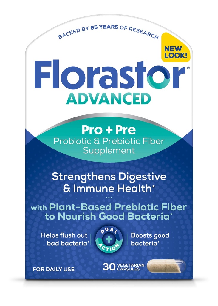 Florastor Select Pro + Pre Daily Probiotic and Prebiotic Supplement for Women and Men, Boosts Good Bacteria, Saccharomyces Boulardii CNCM I- 745 (30 kapsler) (Pack of 1)