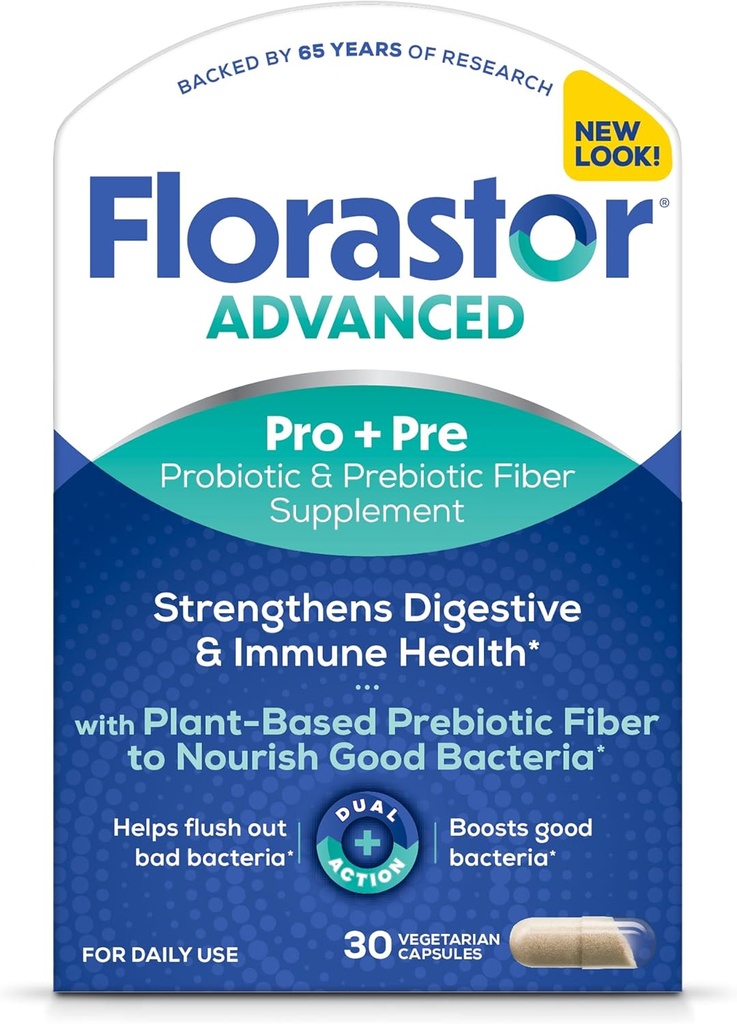 Florastor Select Pro + Pre Daily Probiotic and Prebiotic Supplement for Women and Men, Boosts Good Bacteria, Saccharomyces Boulardii CNCM I- 745 (30 kapsler) (Pack of 1)